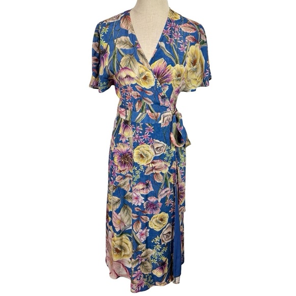 Kachel x Anthropologie Willow Wrap Silk Blend Midi Dress Floral Watercolor - Picture 5 of 13